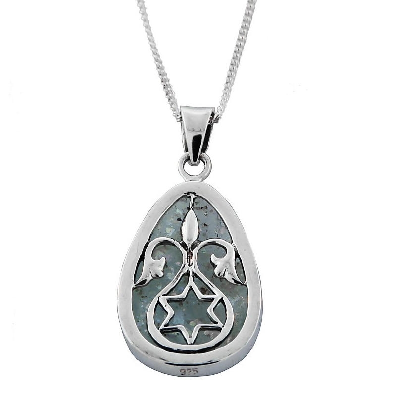 Sterling Silver and Roman Glass Teardrop Necklace with Star of David and Flowers - 1