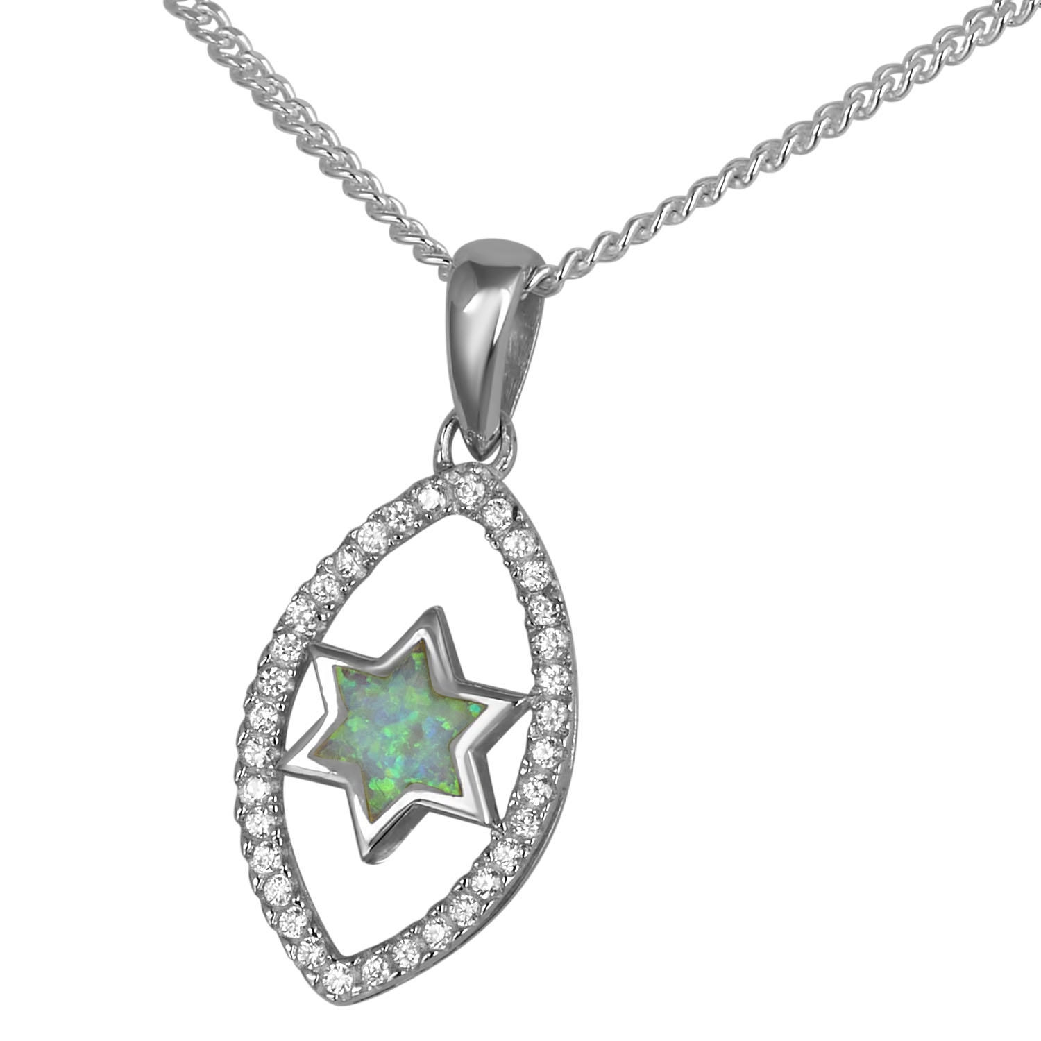 925 Sterling Silver Eye Necklace with Blue Opalite Star of David and Cubic Zirconia Stones - 1
