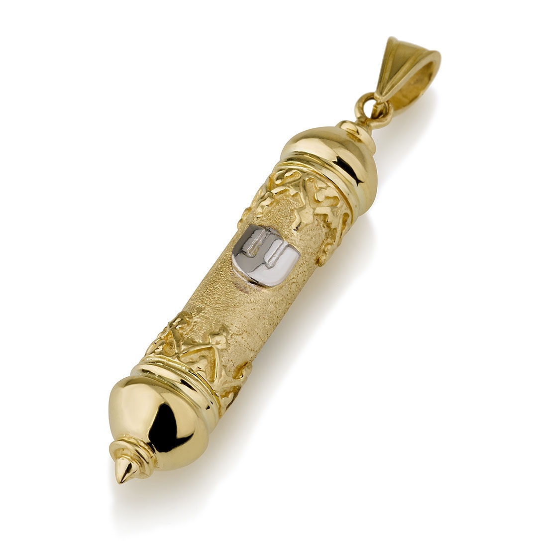 14K Gold Torah Scroll Mezuzah with Etched Finish and Floral Pattern - 1