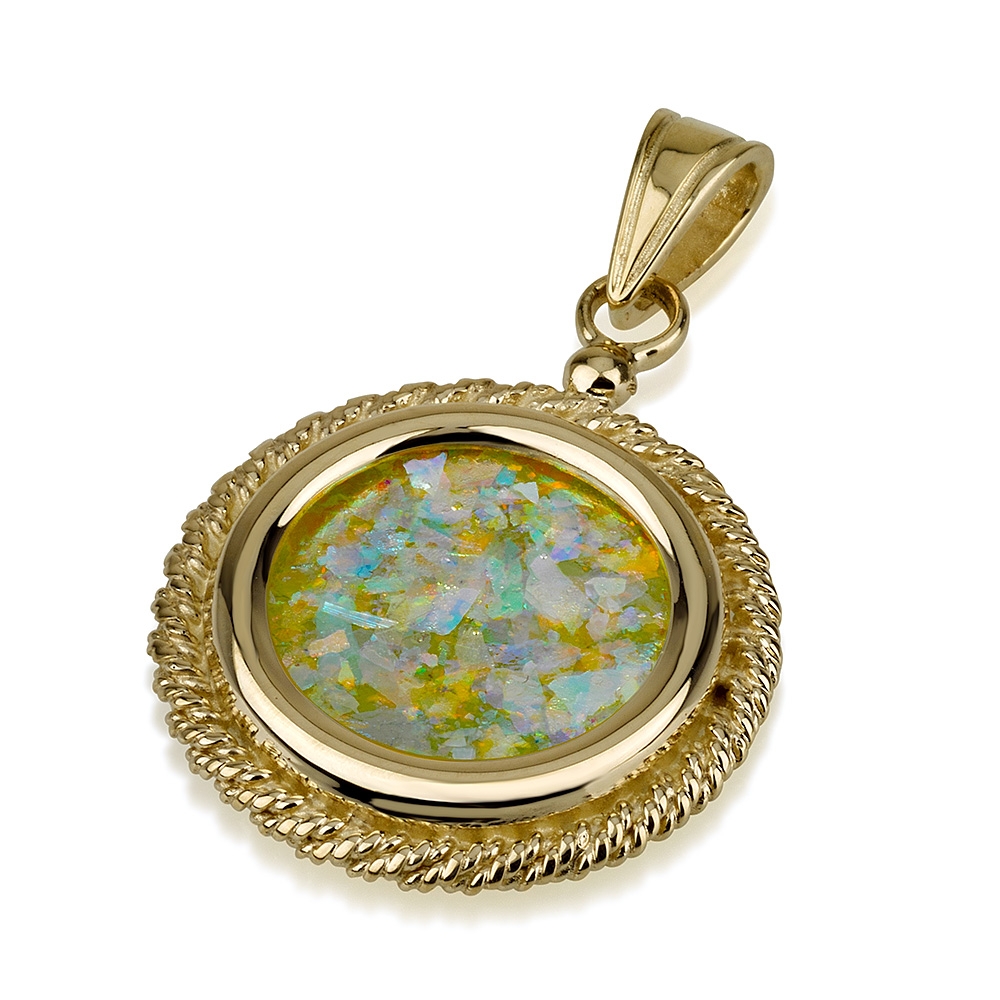 14K Gold and Roman Glass Round Rope Pendant  - 1
