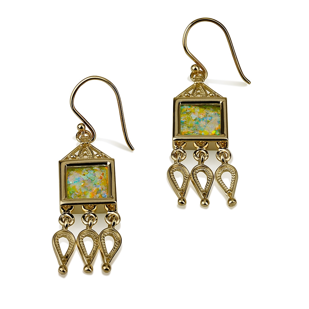 14K Gold and Roman Glass Teardrops Square Earrings - 1