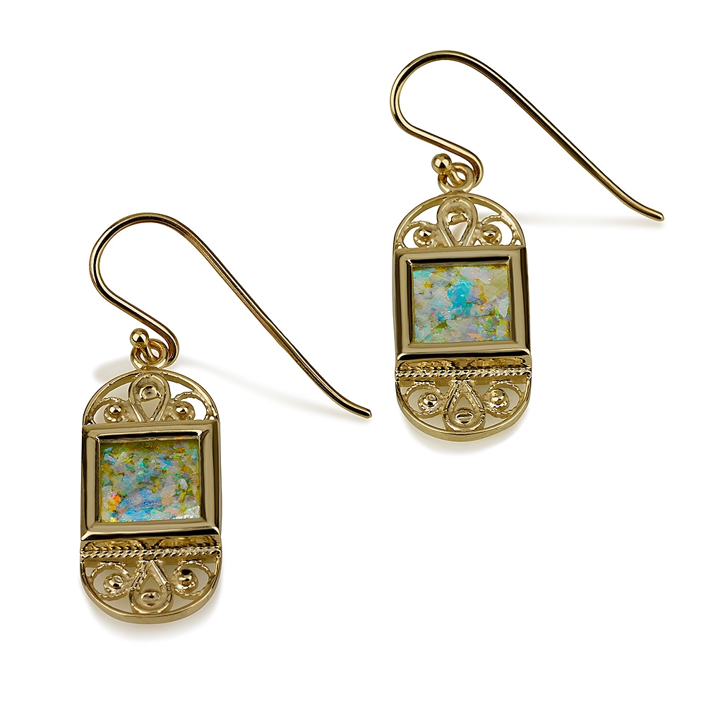 14K Gold and Roman Glass Oval and Square Framed Filigree Earrings - 1