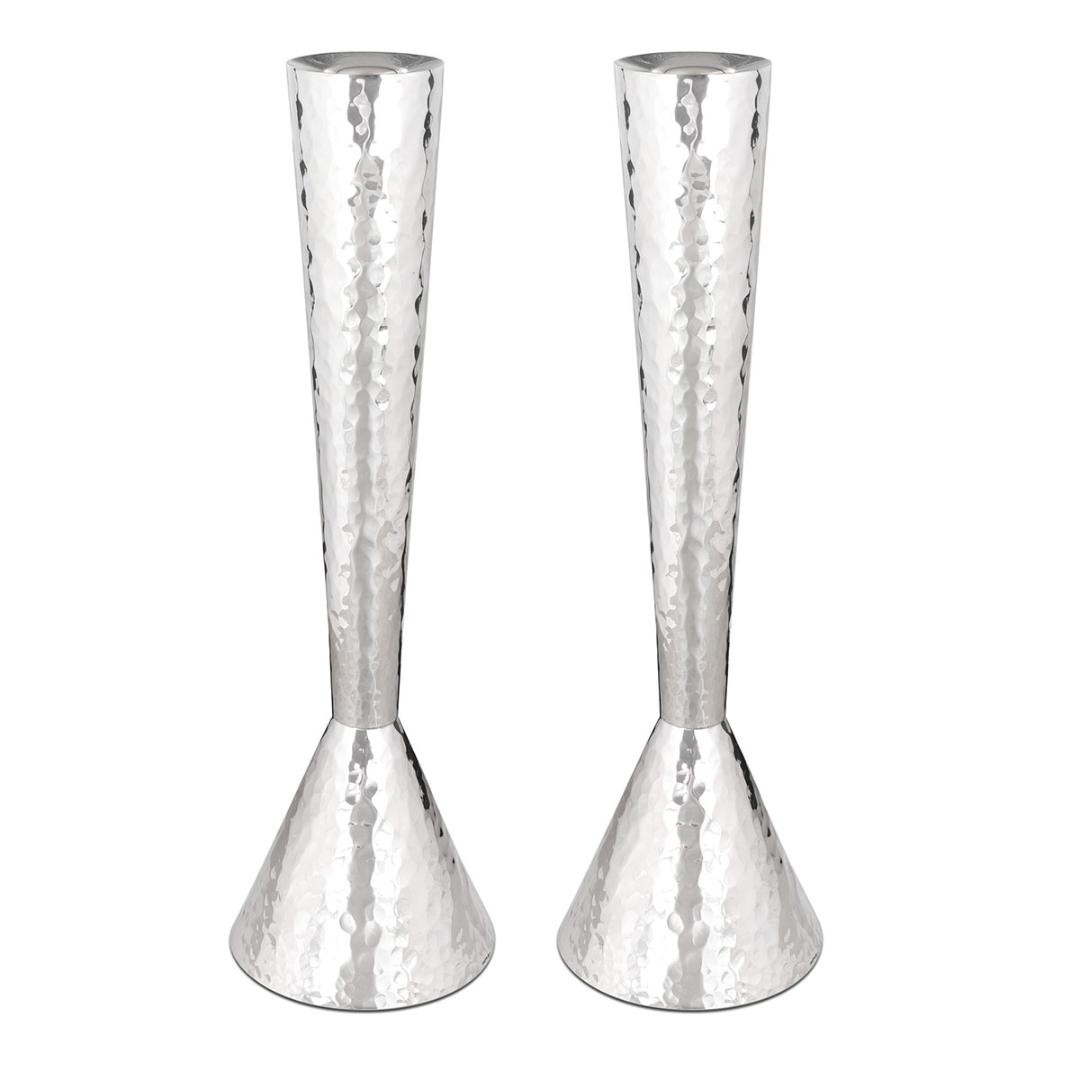 Bier Judaica Sterling Silver Tall Hammered Cone Shabbat Candlesticks - 1