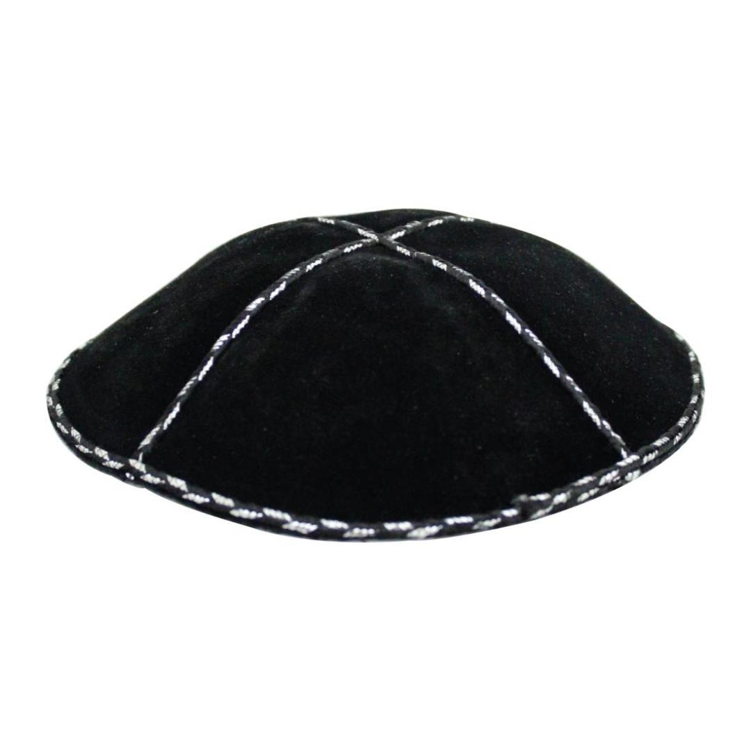 Black Suede Kippah with White Accents - 1