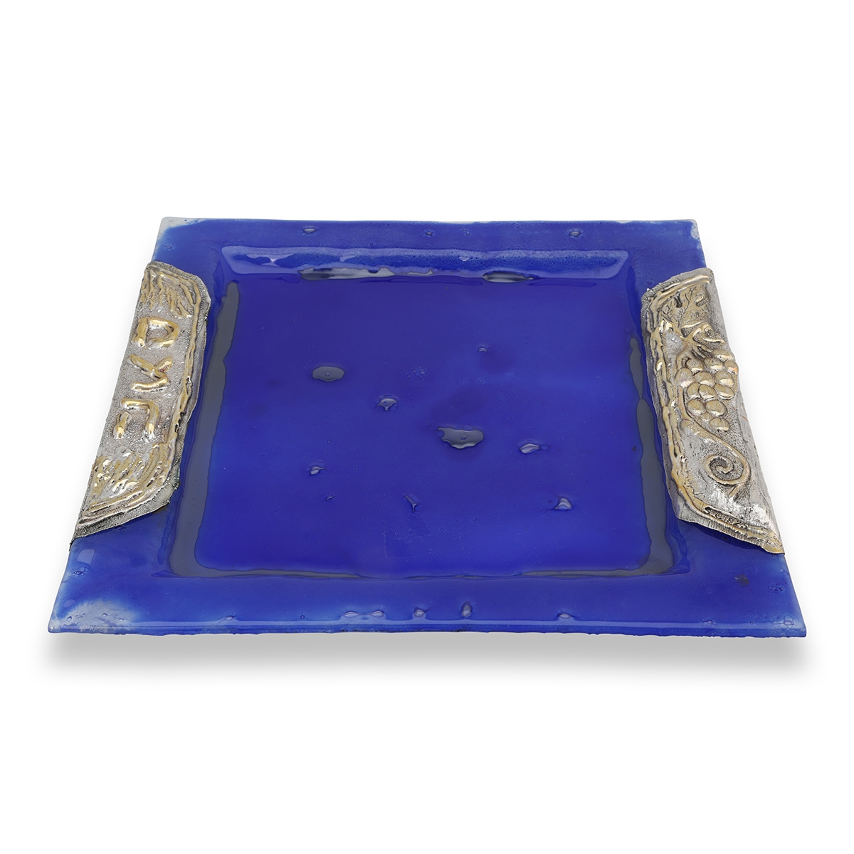 Handcrafted Sterling Silver-Plated Glass Matzah Plate (Blue) - 1