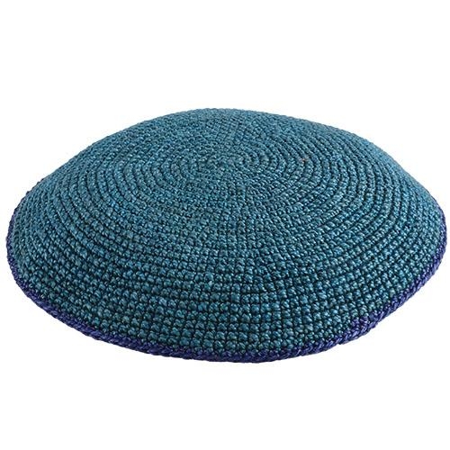 Crocheted Turquoise Kippah with Blue Border - 1