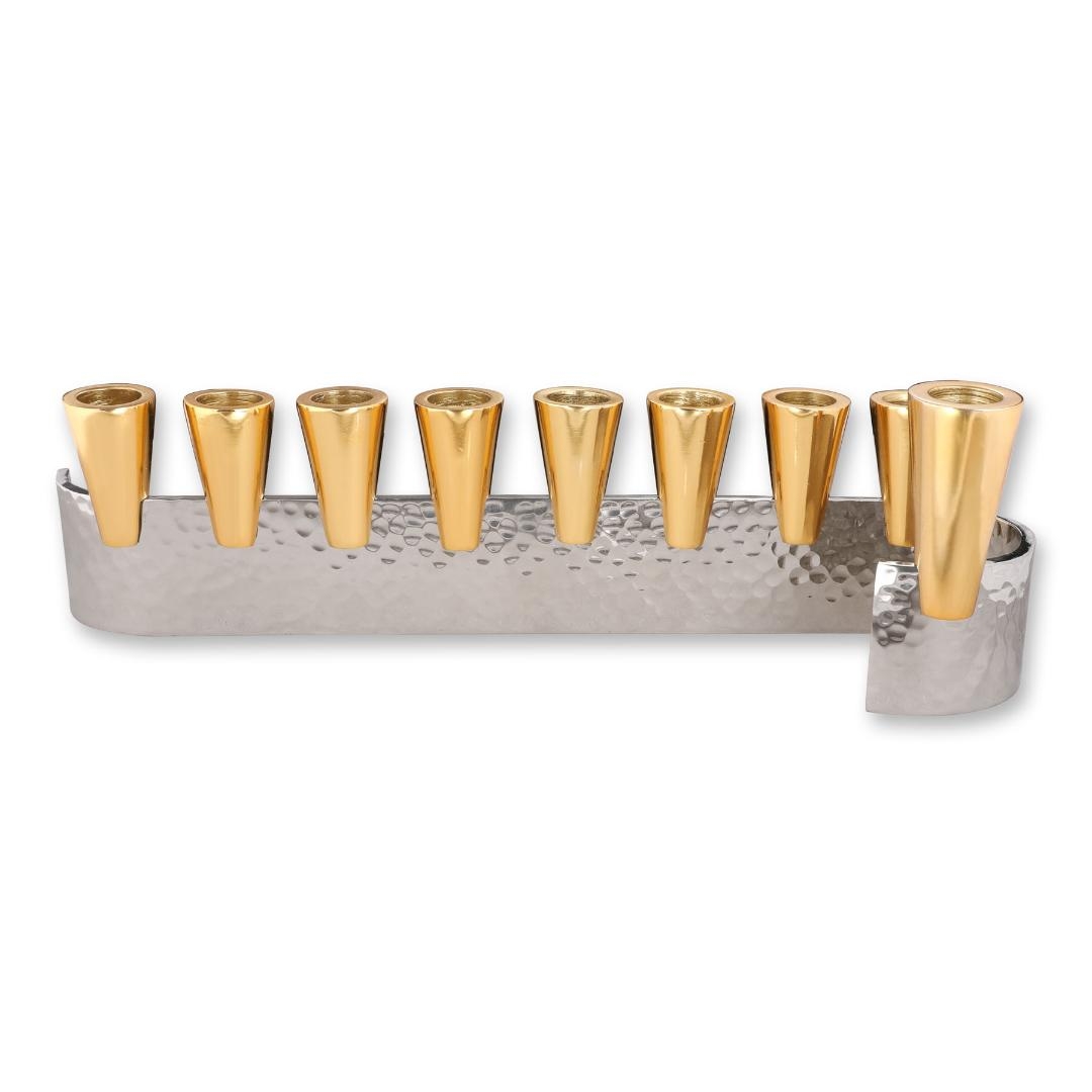 Y. Karshi Designer Anodized Aluminum Hammered Base Cone Hanukkah Menorah (with Brass Candle Holders)  - 1