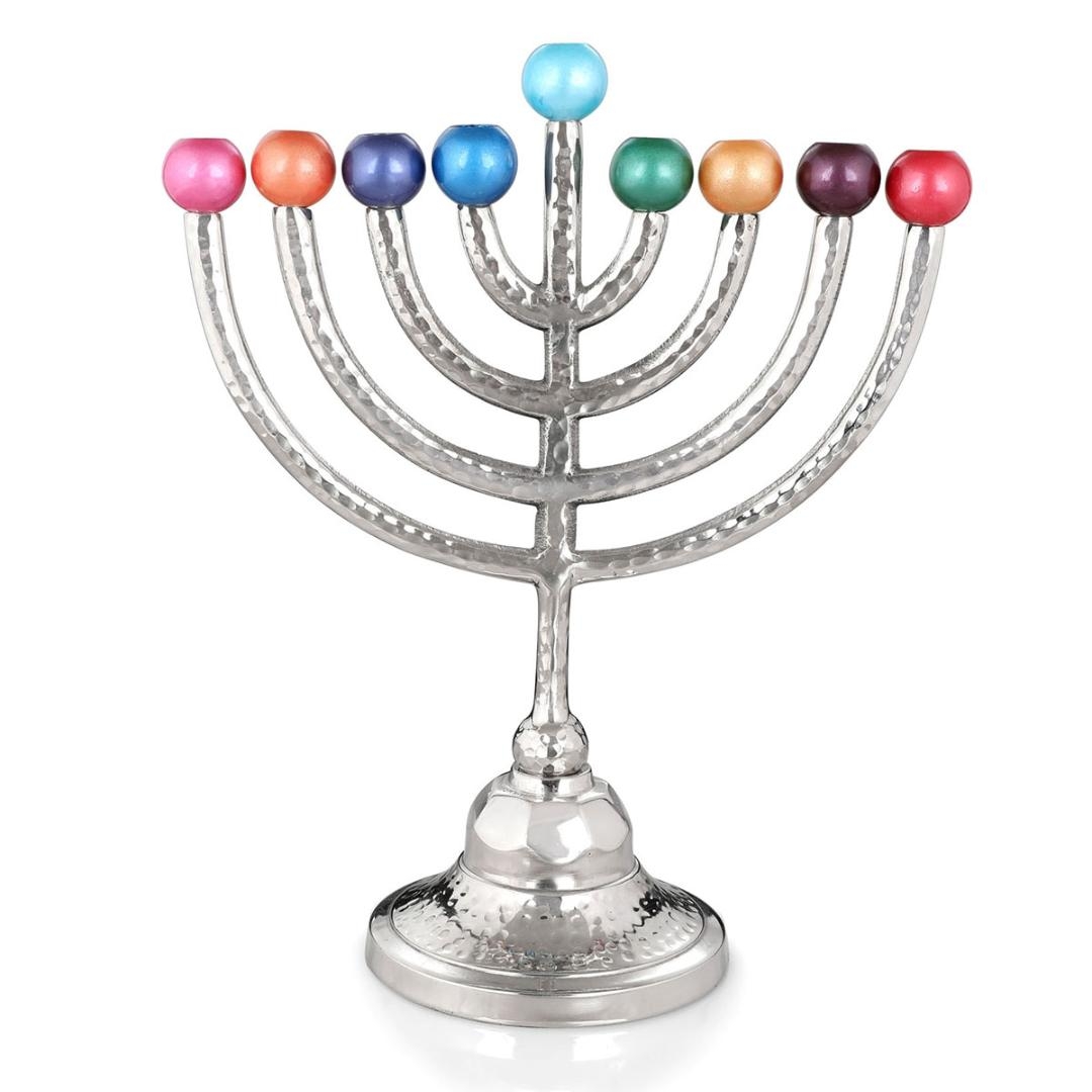 Y.Karshi Designer Anodized Aluminum Hammered Hanukkah Menorah with Multicolored Candleholders - 1