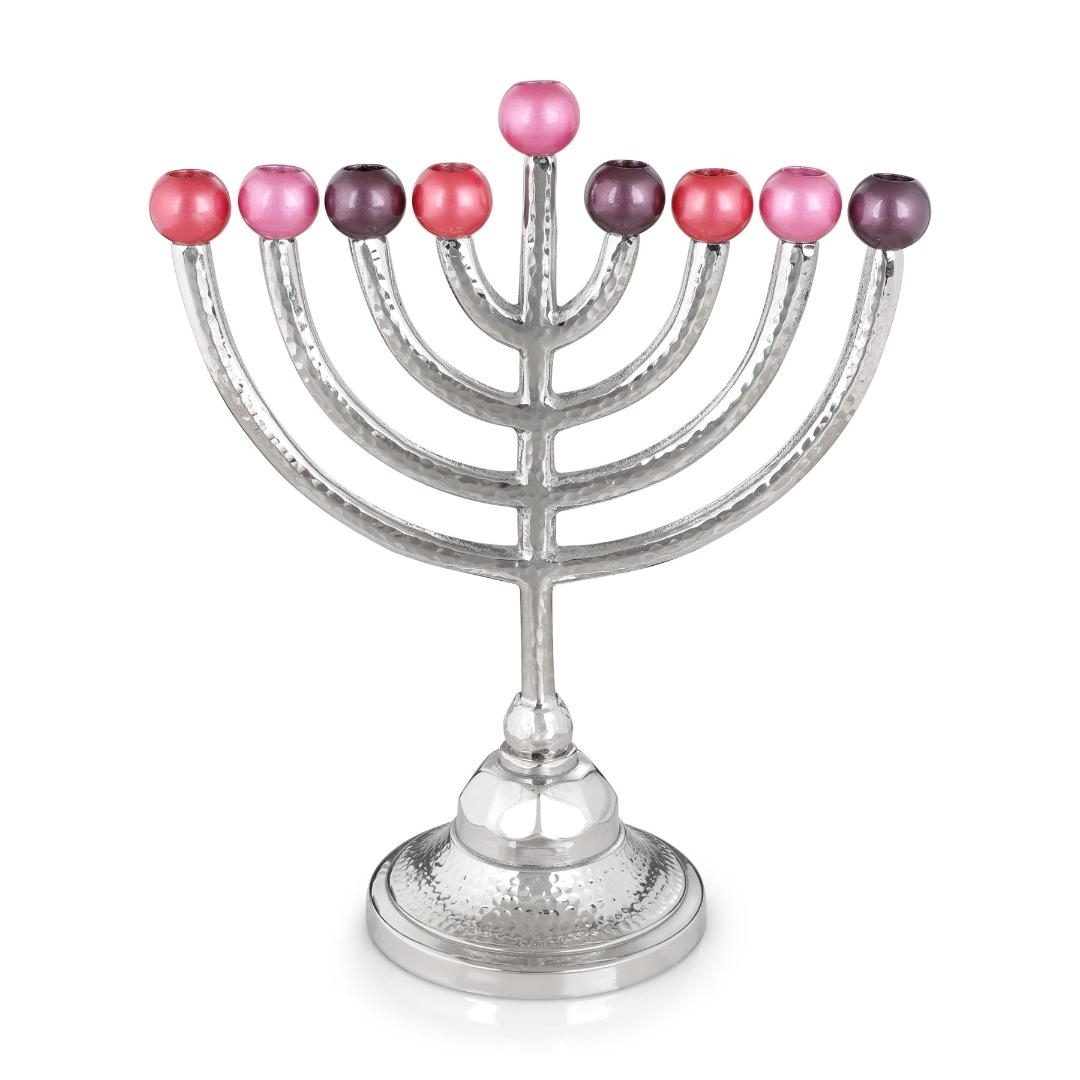 Y. Karshi Designer Anodized Aluminum Hammered Hanukkah Menorah with Red Candleholders - 1