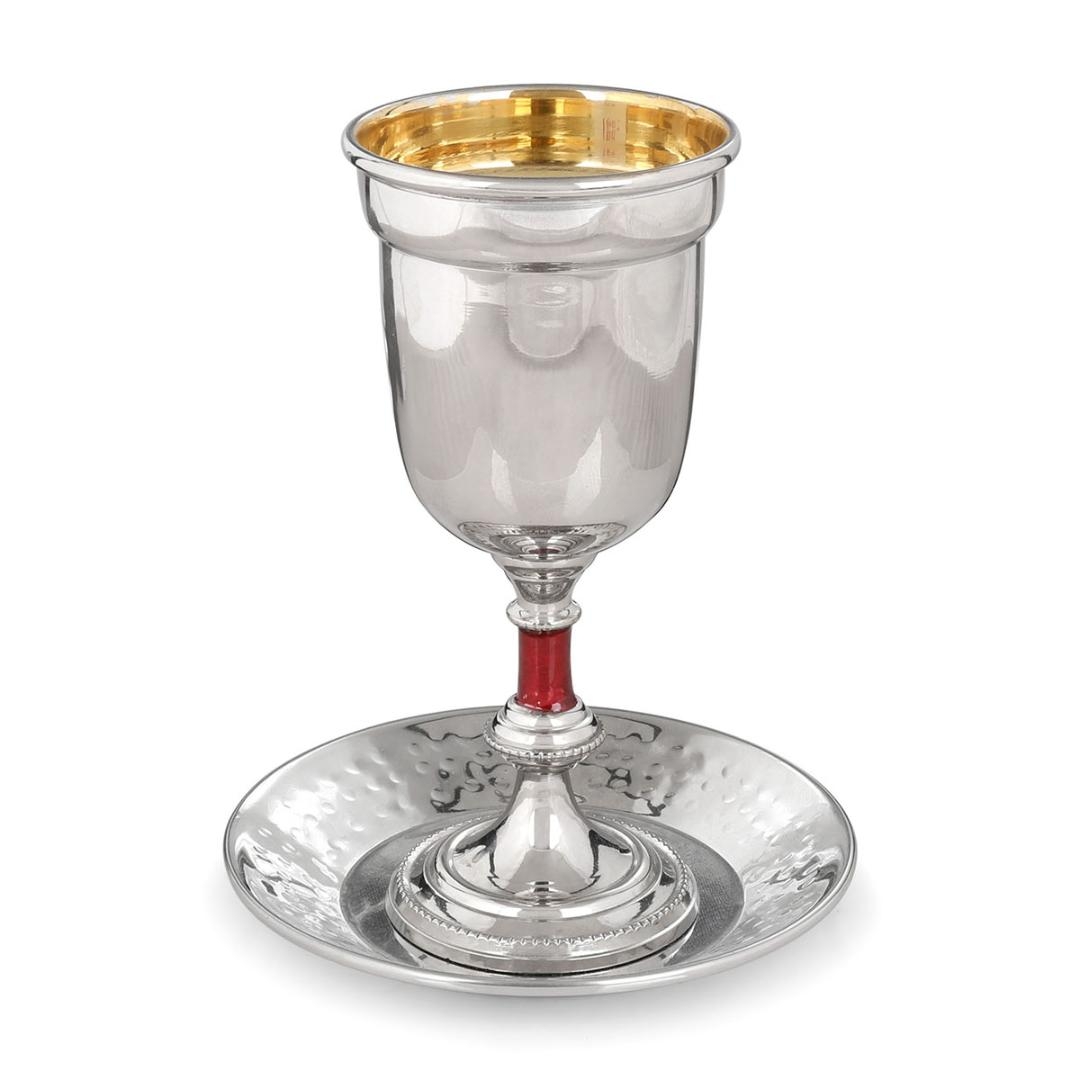 Y. Karshi Designer Stainless Steel Shiny Kiddush Cup and Saucer – Red - 1