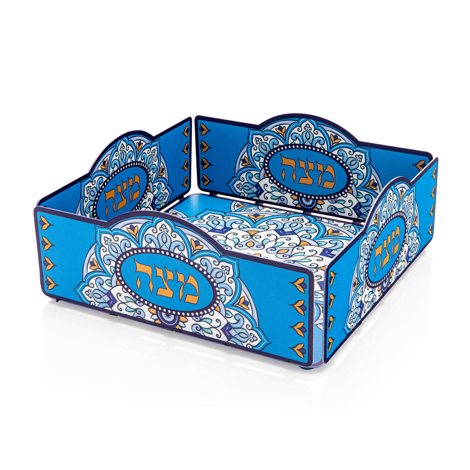 Matzah Tray with Blue and Orange Flower Design By Dorit Judaica - 1