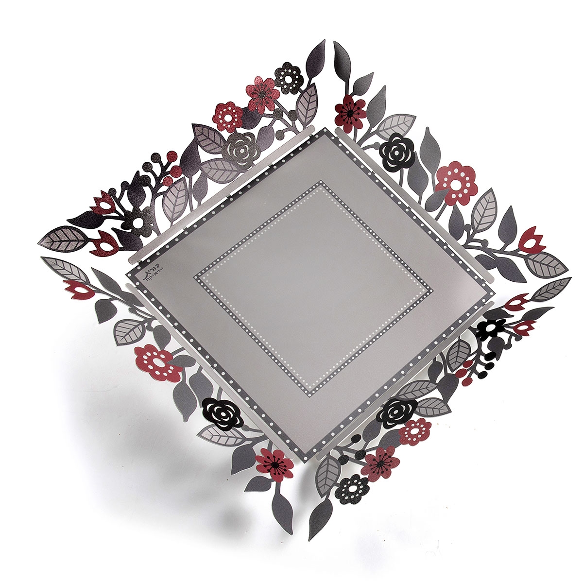 Dorit Judaica Metal Matzah Tray – Black and Red Flowers  - 1