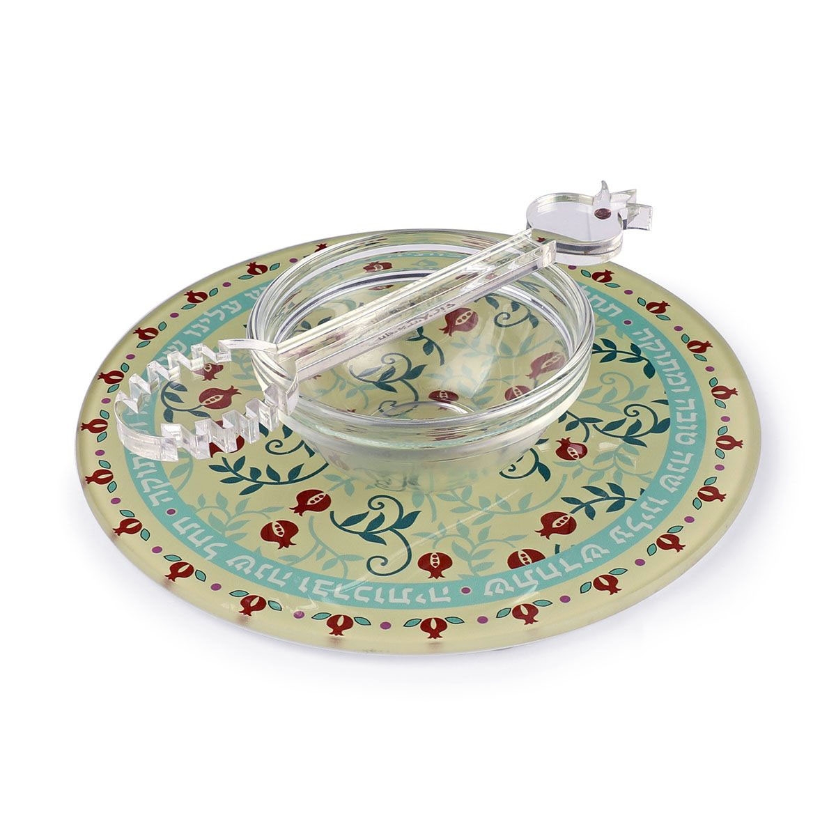 Dorit Judaica Rosh Hashanah Pomegranate Glass Plate and Honey Dish Set - 1