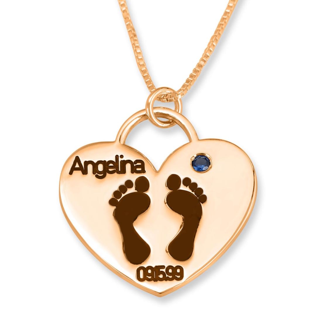 Double Thickness Rose Gold Plated Baby's Footprints Mom Necklace with Name, Birthday and Birthstone - 1