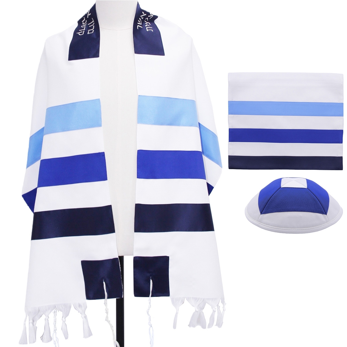 Super Acrylic Shabbat Tallit - Blue Stripes - With Kippah and Bag - 5