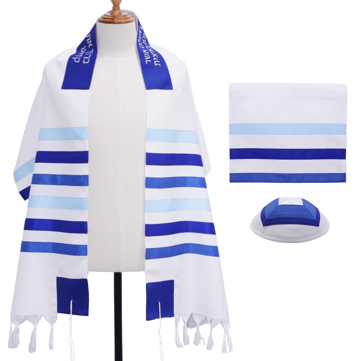 Super Acrylic Shabbat Tallit - Light and Royal Blue Multi-Stripes - With Kippah and Bag - 1