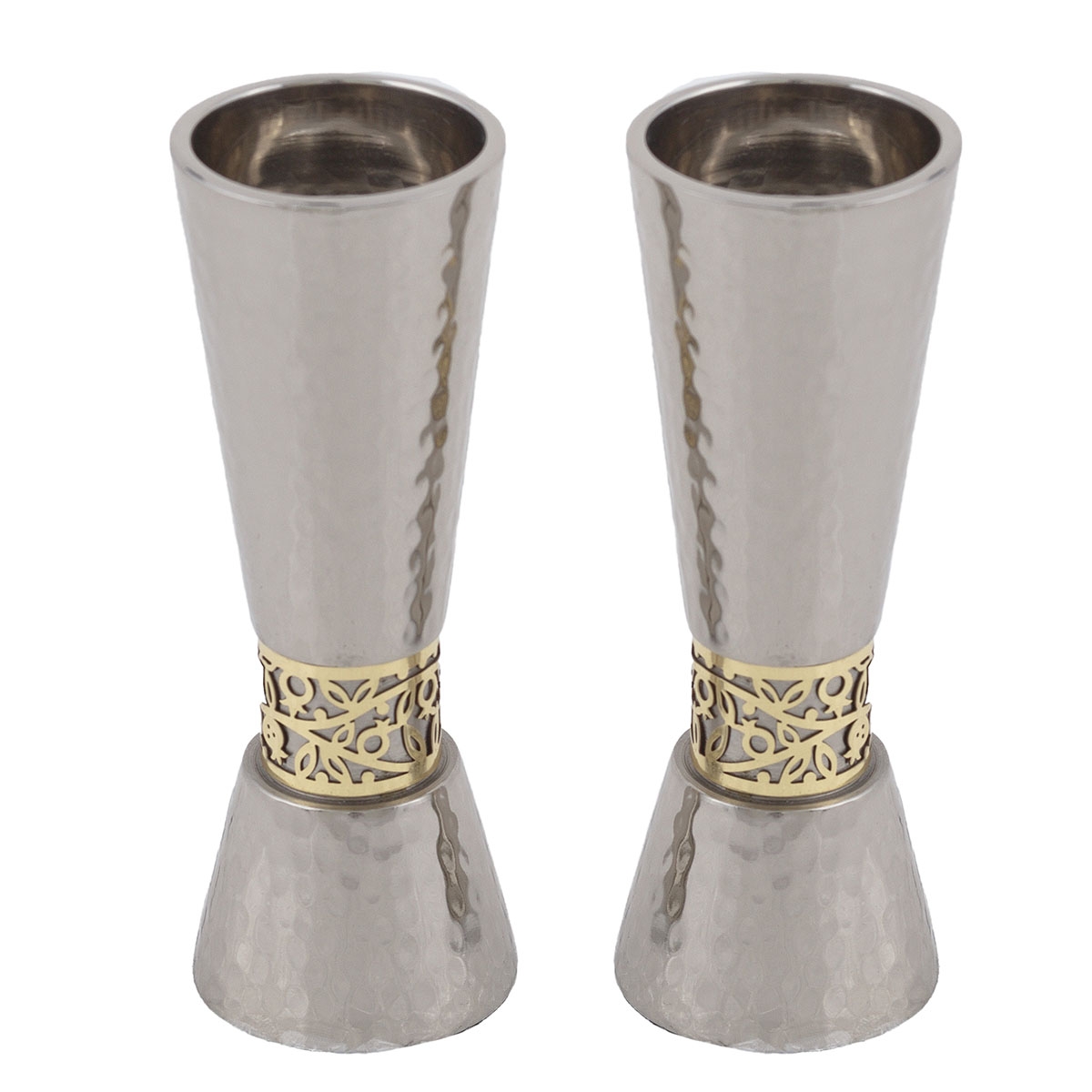 Yair Emanuel Hammered Anodized Aluminum Pomegranate Candlesticks – Silver and Gold   - 1