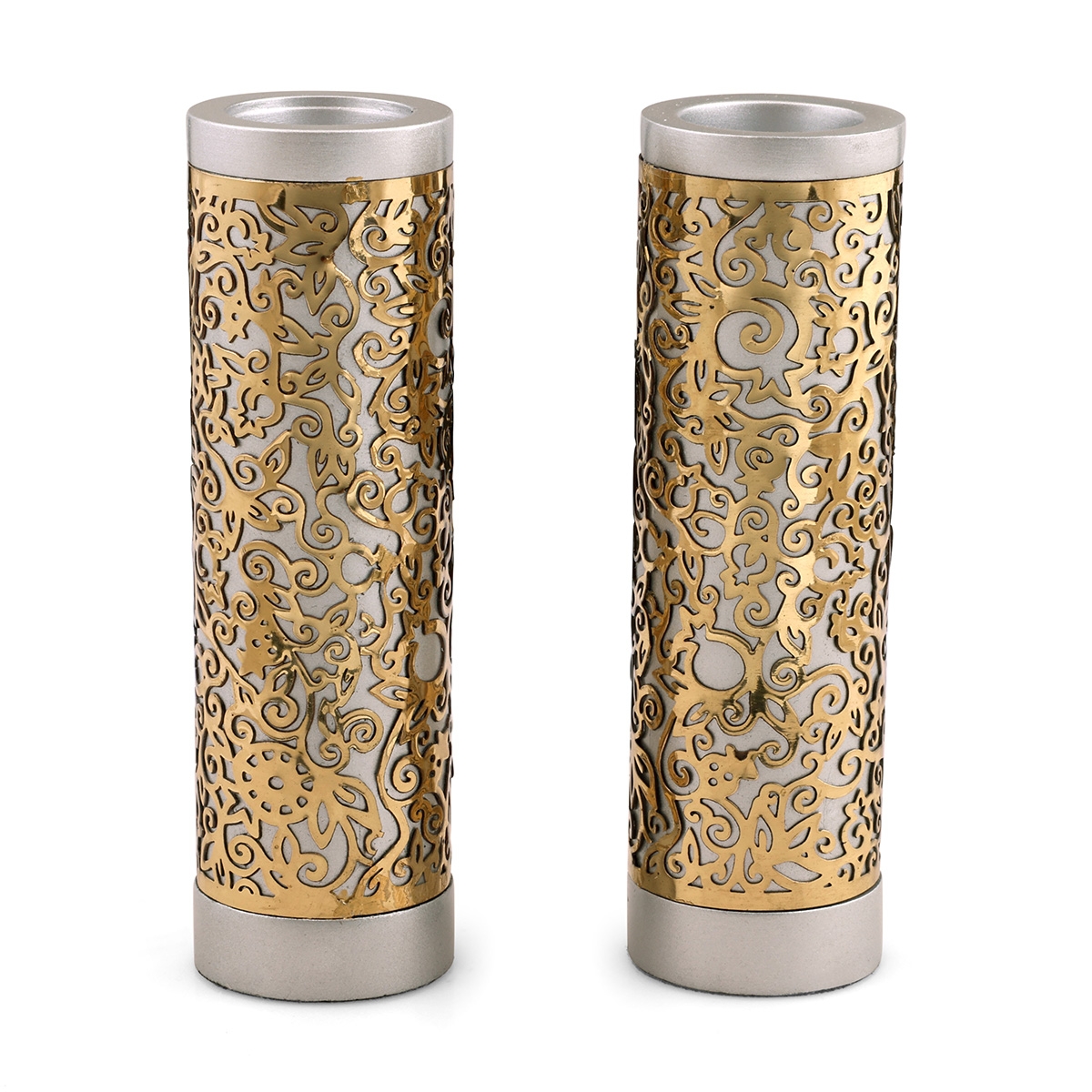 Yair Emanuel Floral Pomegranate Candlesticks with Metal Cutout  - 1
