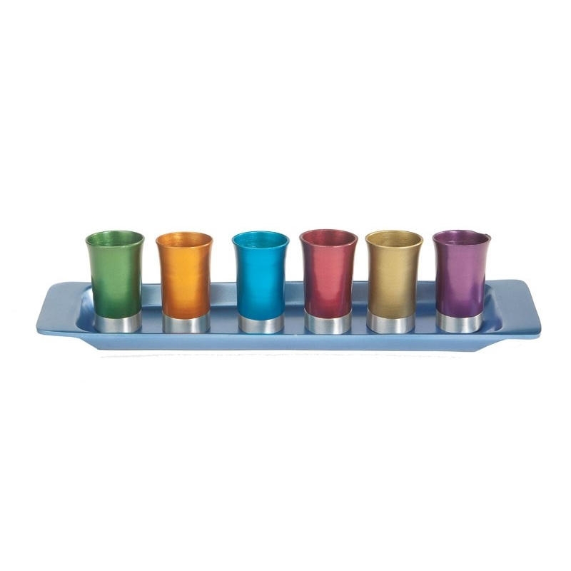Yair Emanuel Anodized Aluminum Set of 6 Small Kiddush Cups with Tray - Rainbow - 1