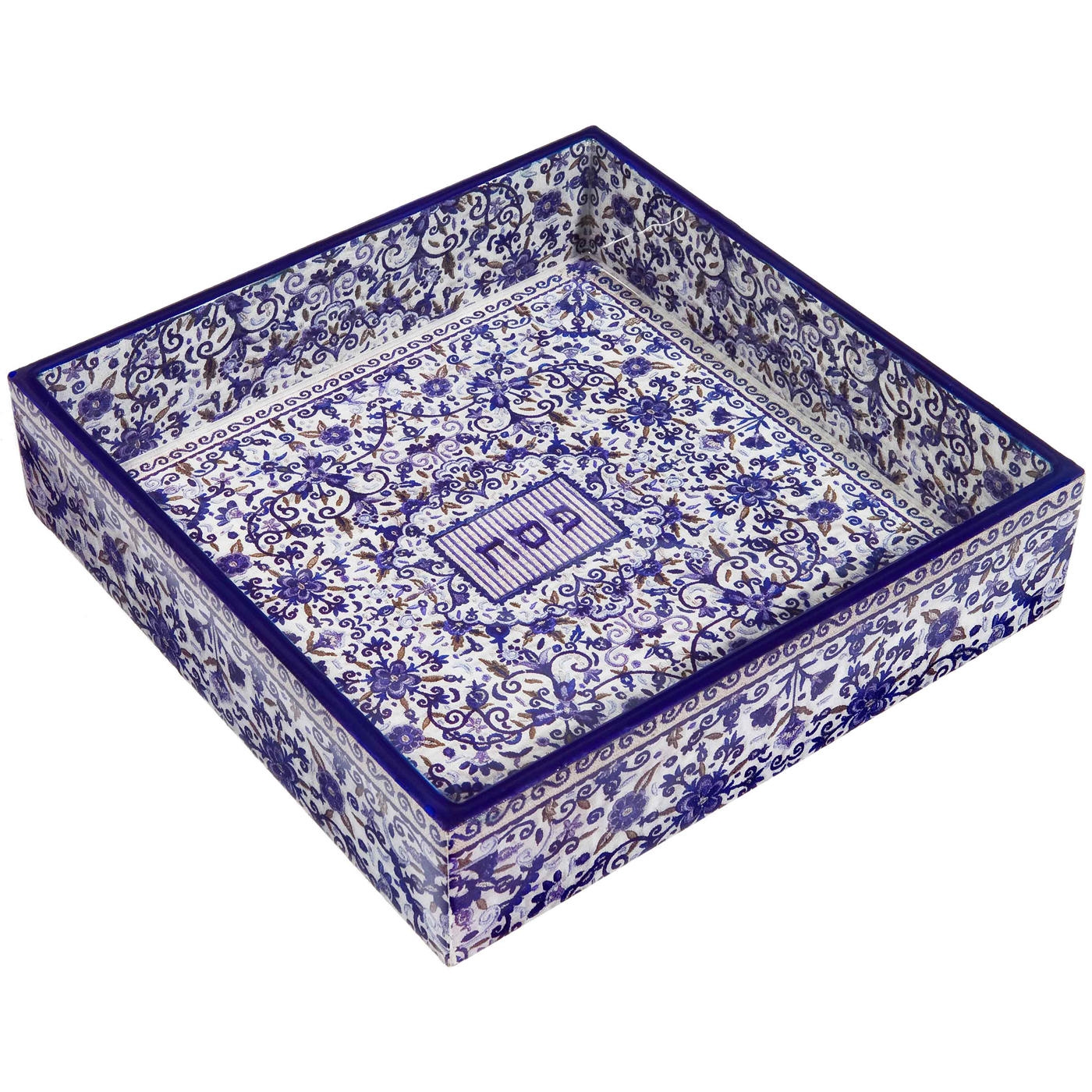 Yair Emanuel Painted Wooden Matzah Tray - Blue Flowers - 1