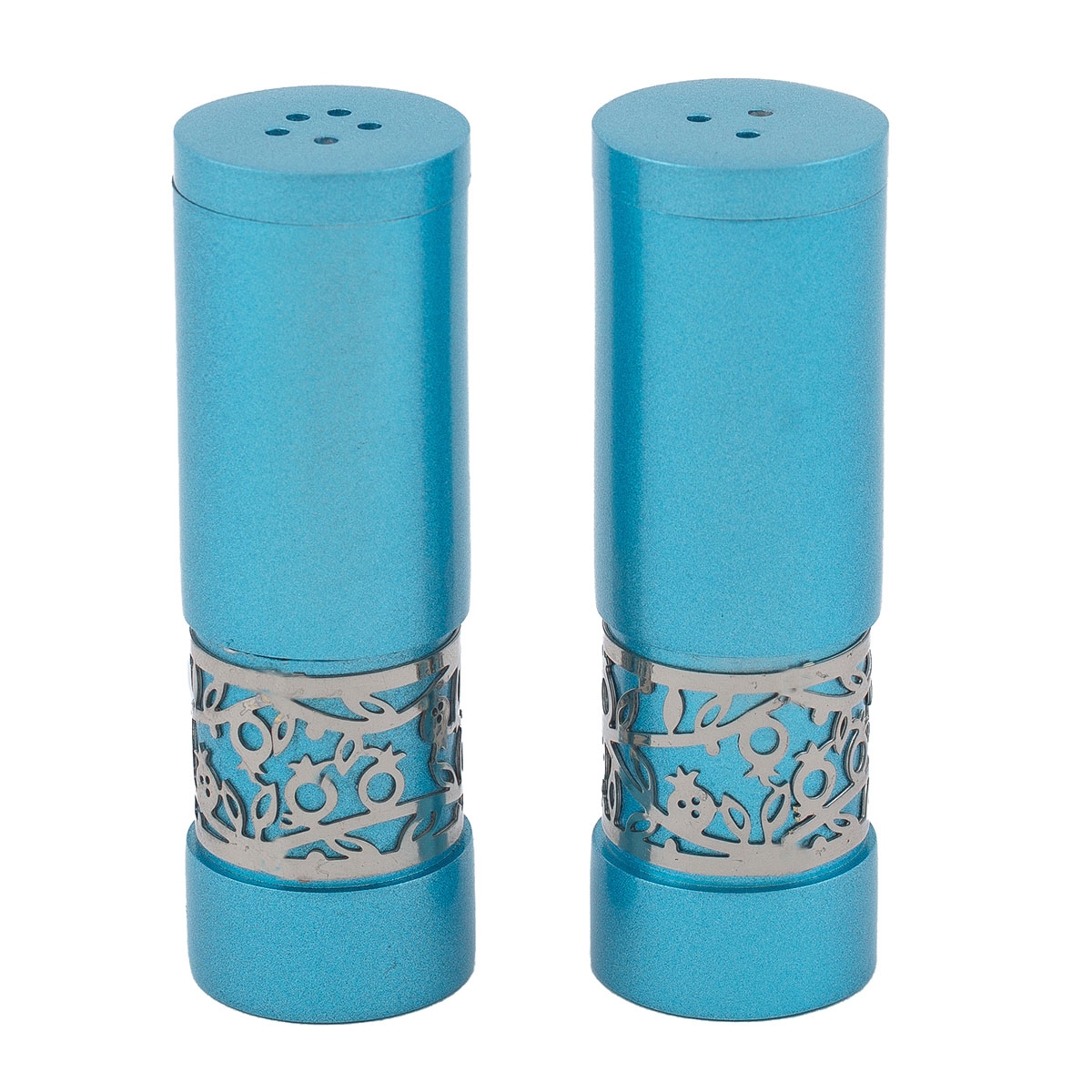 Yair Emanuel Anodized Aluminum Pomegranates Salt and Pepper Shakers – Teal and Silver  - 1