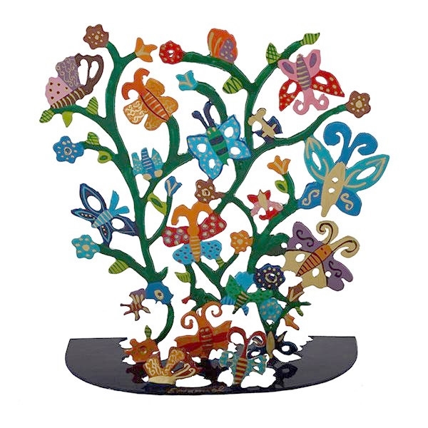 Yair Emanuel Painted Pattern Metal Butterflies Tree Sculpture - 1
