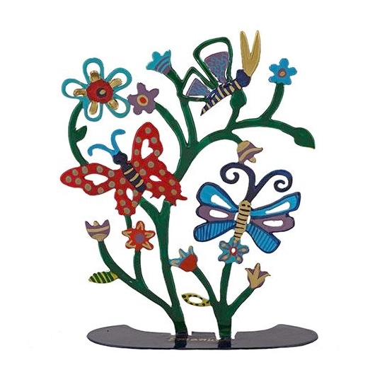 Yair Emanuel Painted Pattern Metal Butterflies & Flowers Tree Sculpture - 1