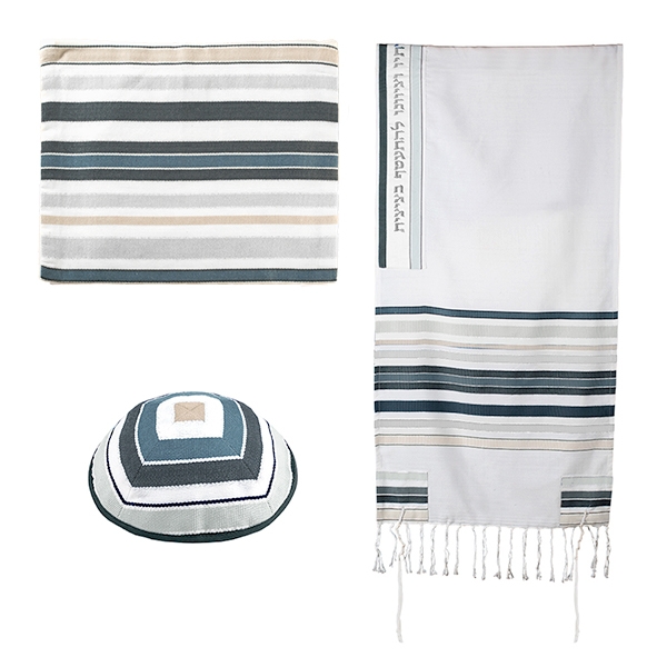 Yair Emanuel Woven Stripes Tallit with Matching Bag & Kippah - Variety of Colors - 1