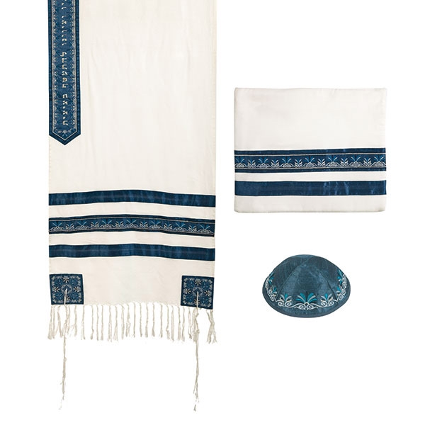 Yair Emanuel Embroidered Tallit - Stripes (Blue) - 1