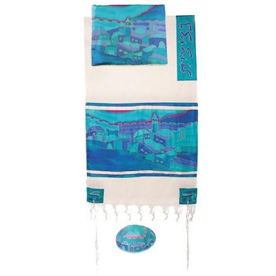 Yair Emanuel Cotton and Hand Painted Silk Tallit - Vista in Turquoise - 1