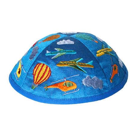 Yair Emanuel Embroidered Kippah With Planes (Blue / White) - 1