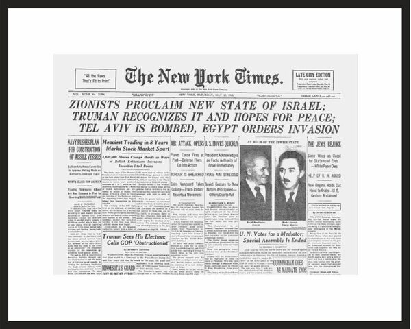 Framed New York Times Front Page Reprint – Establishment of Israel (1948) - 1