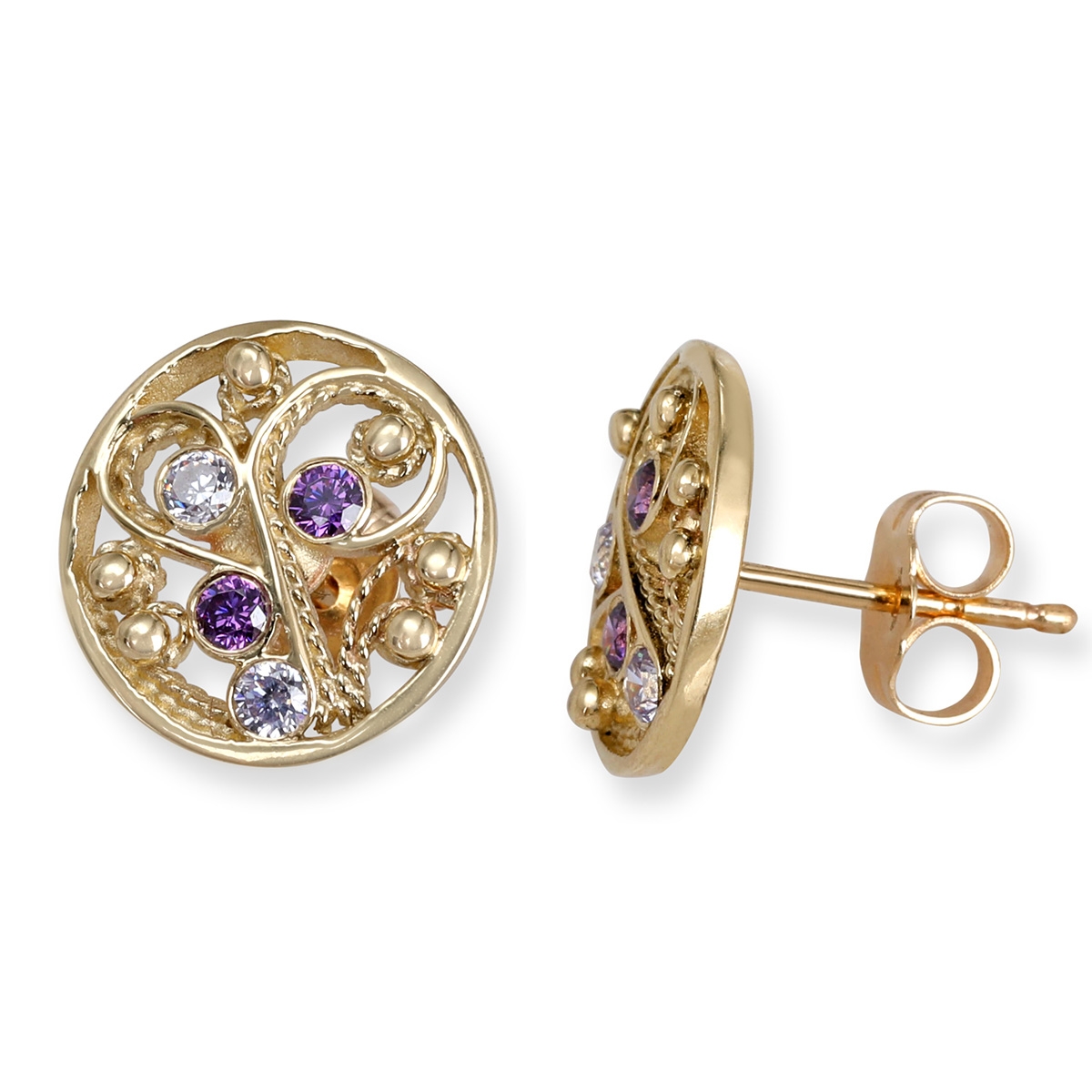 Rafael Jewelry Handcrafted 14K Yellow Gold Filigree Earrings With Amethyst and Lavender Stones - 1