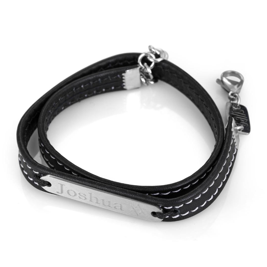 Galis Jewelry Black Leather Men's Bracelet with Stainless Steel Nameplate - 1