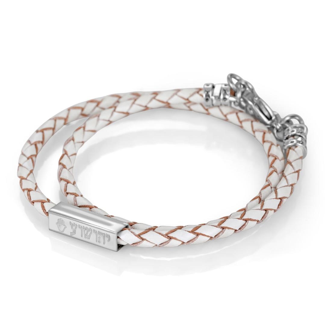 Galis Jewelry White Leather & Stainless Steel Name Bracelet with Star of David or Hamsa  - 1