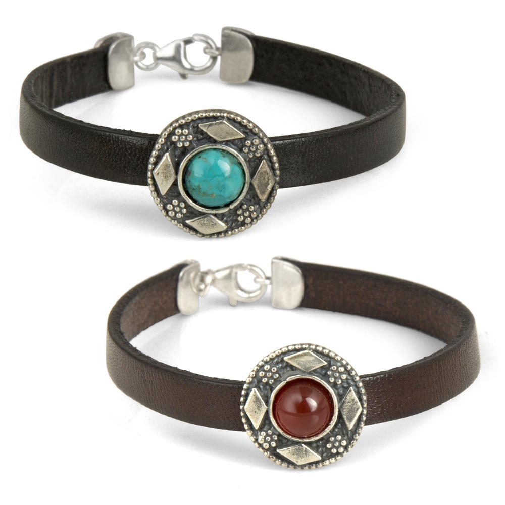 Sterling Silver and Leather Unisex Bracelet with Large Gemstone (2 Color Options) - 1