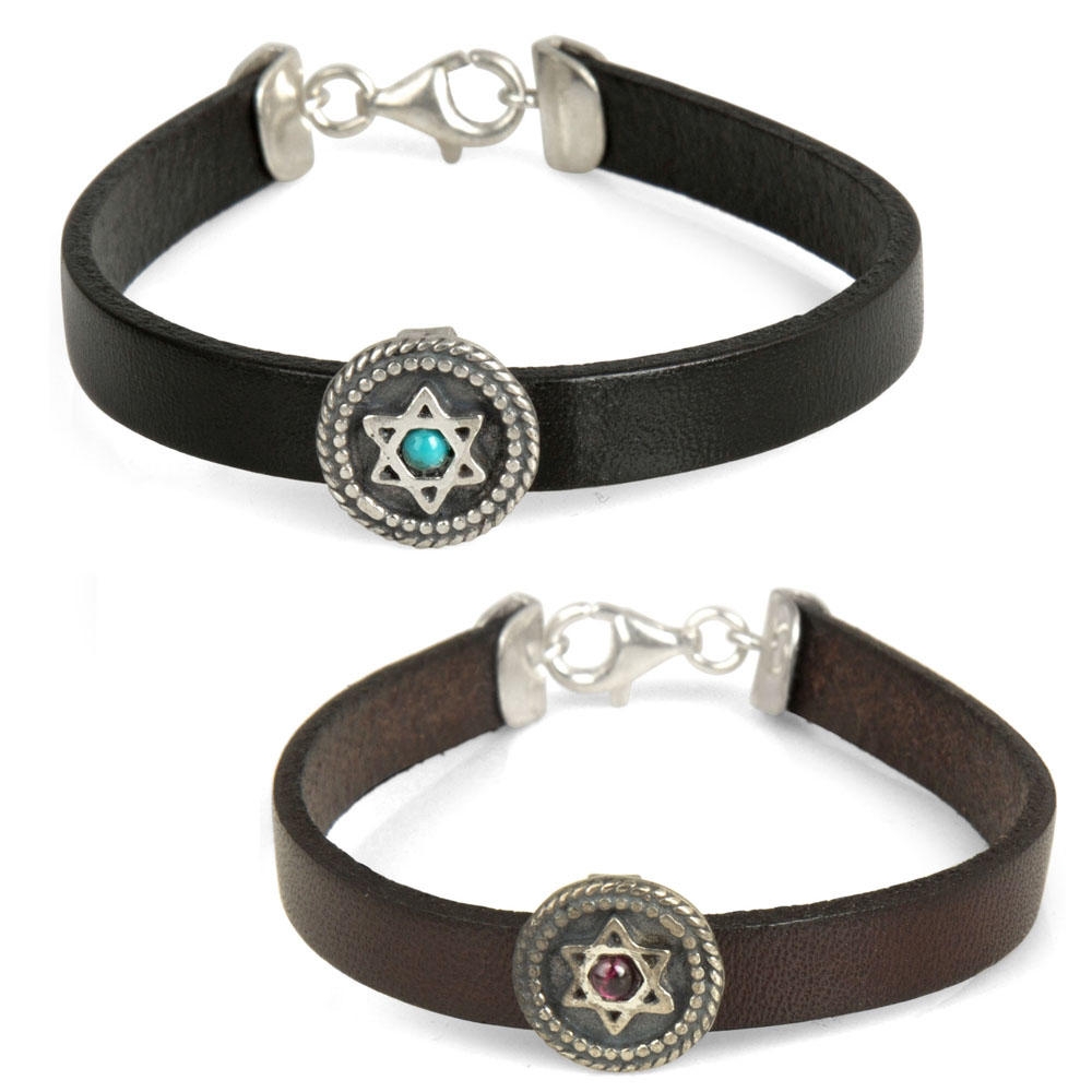 Sterling Silver and Leather Unisex Star of David Bracelet with Gemstone (Black/ Brown) - 1