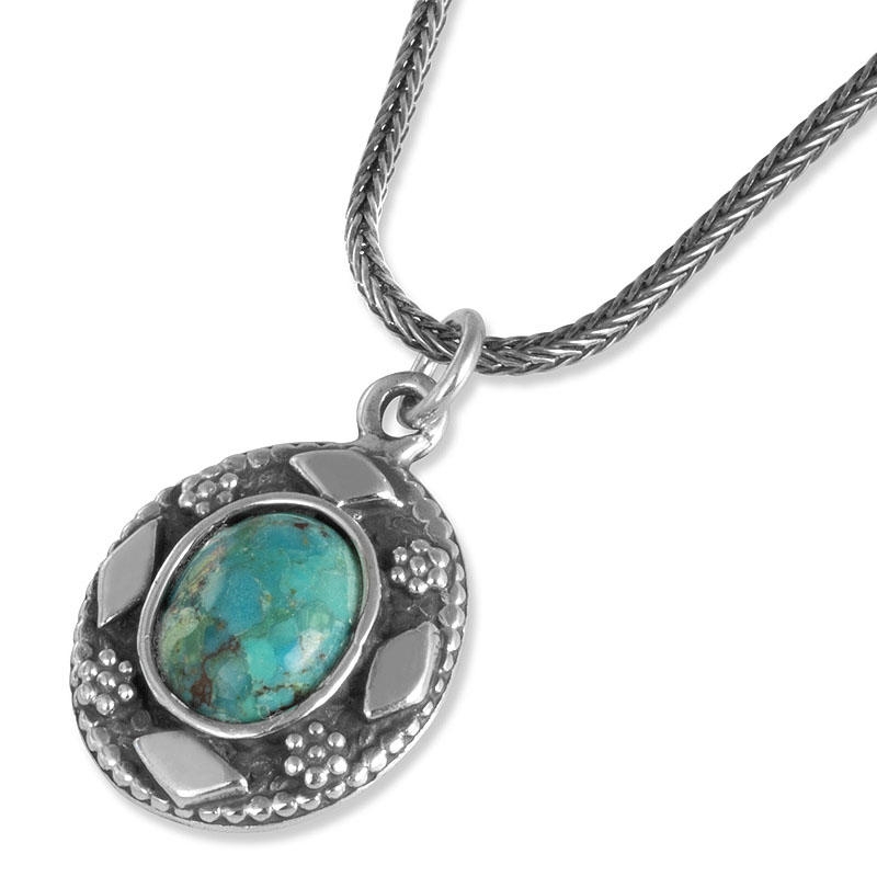 Sterling Silver Oval Pendant with Priestly Blessing and Large Turquoise Stone - 1