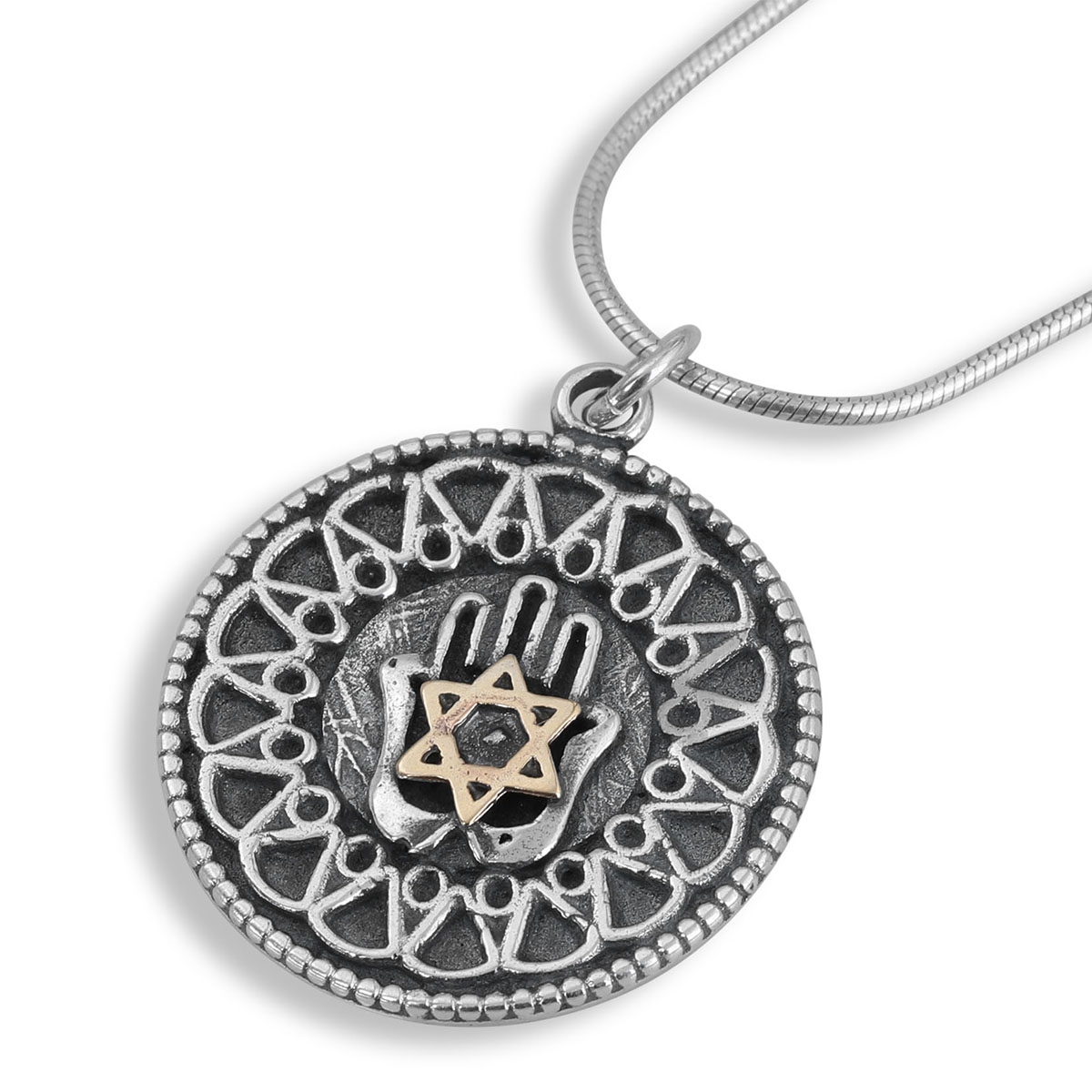 Star of David with Hamsa Sterling Silver and Gold Filigree Necklace  - 1