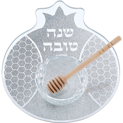 Glass Honey Dish and Spoon with Pomegranate Plate – Honeycomb Design - 1