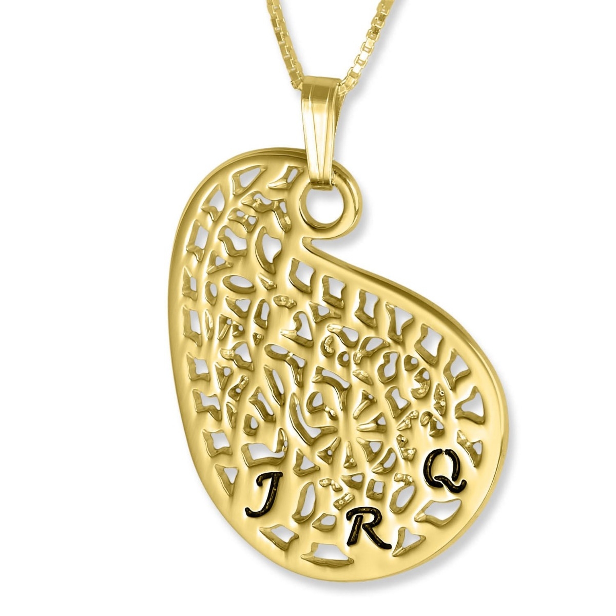 Gold-Plated Customizable Paisley Leaf Necklace with Hebrew/English Initials - 1