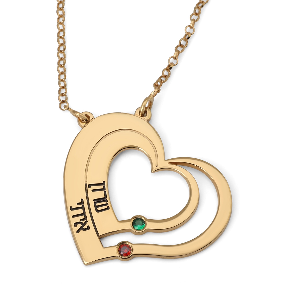 Gold Plated Up to Two Kids' Names Mom Double Heart Necklace with Birthstones - 1