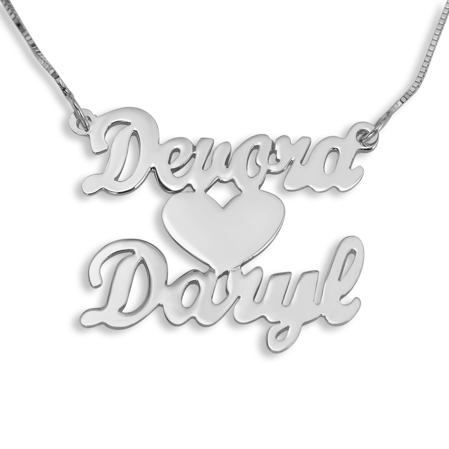  14K White Gold Double Thickness Double Name Necklace in English with Heart - 1