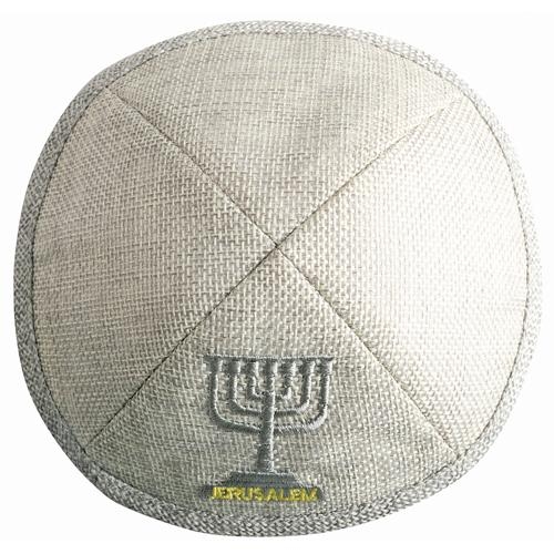 Grey Linen Kippah with Jerusalem Menorah Embroidery – 17cm - 1