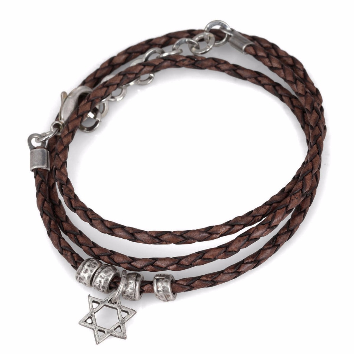 Galis Jewelry Tripple Wrap Brown Leather Men’s Bracelet with Silver Plated Star of David - 1