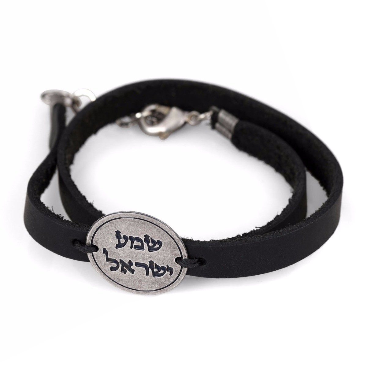 Galis Jewelry Shema Yisrael Double Wrap Black Leather Men’s Bracelet with Silver Plated Disc  - 1