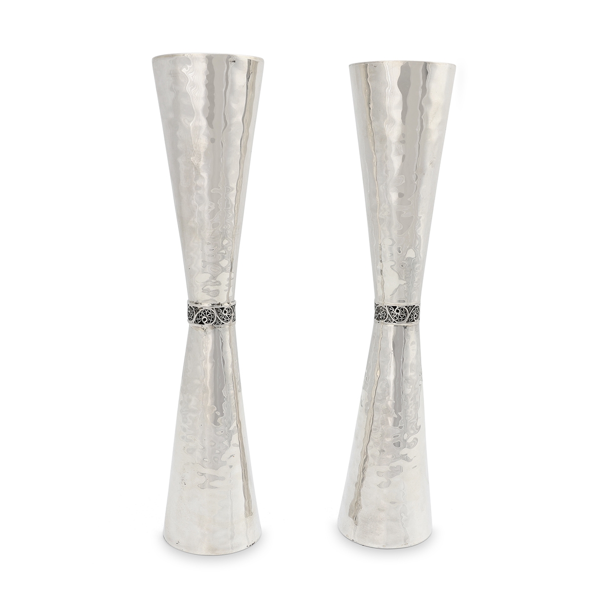 Handcrafted Tapered Sterling Silver Candlesticks With Hammered Finish By Traditional Yemenite Art - 1