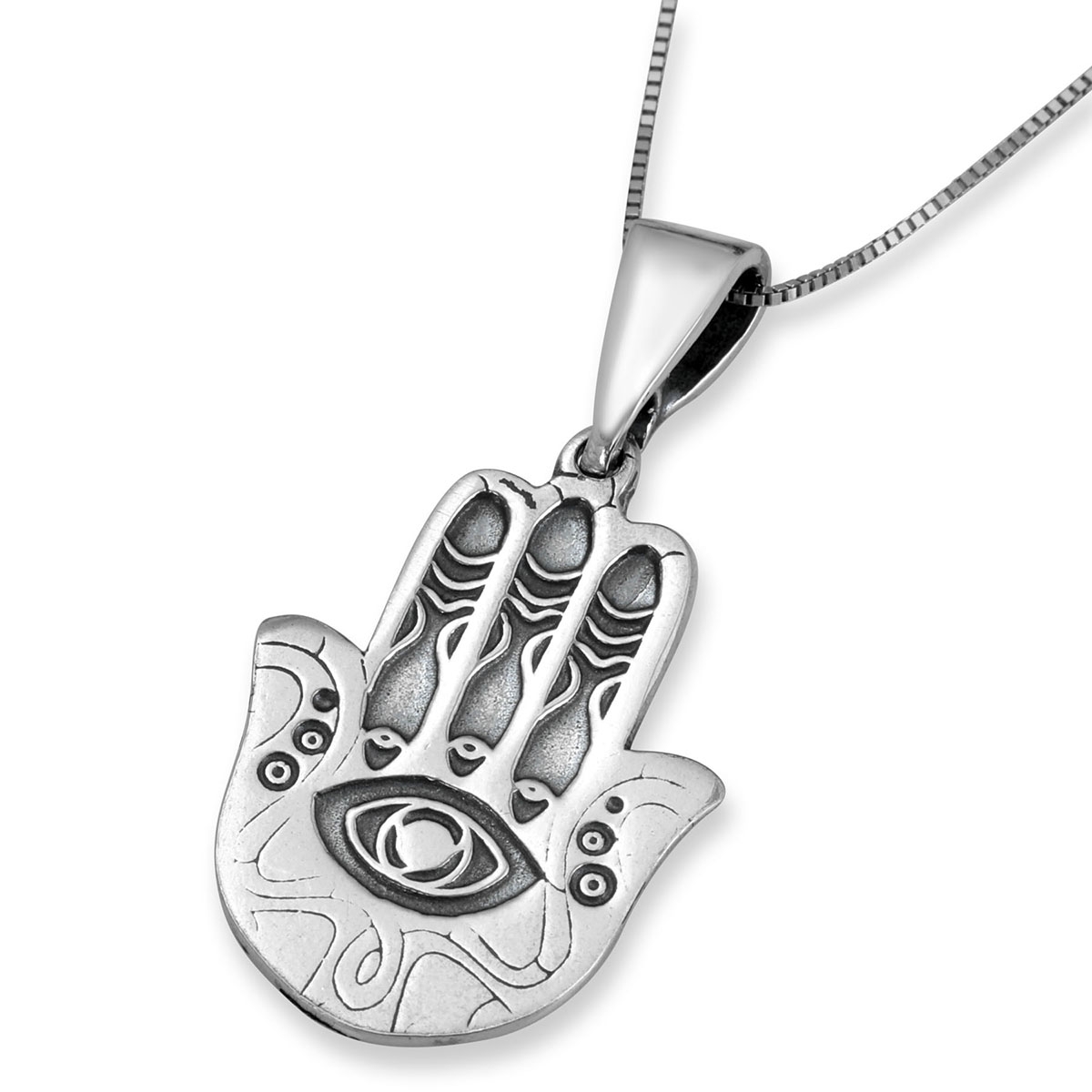 Sterling Silver Hamsa Evil Eye Necklace with Three Fishes - 1