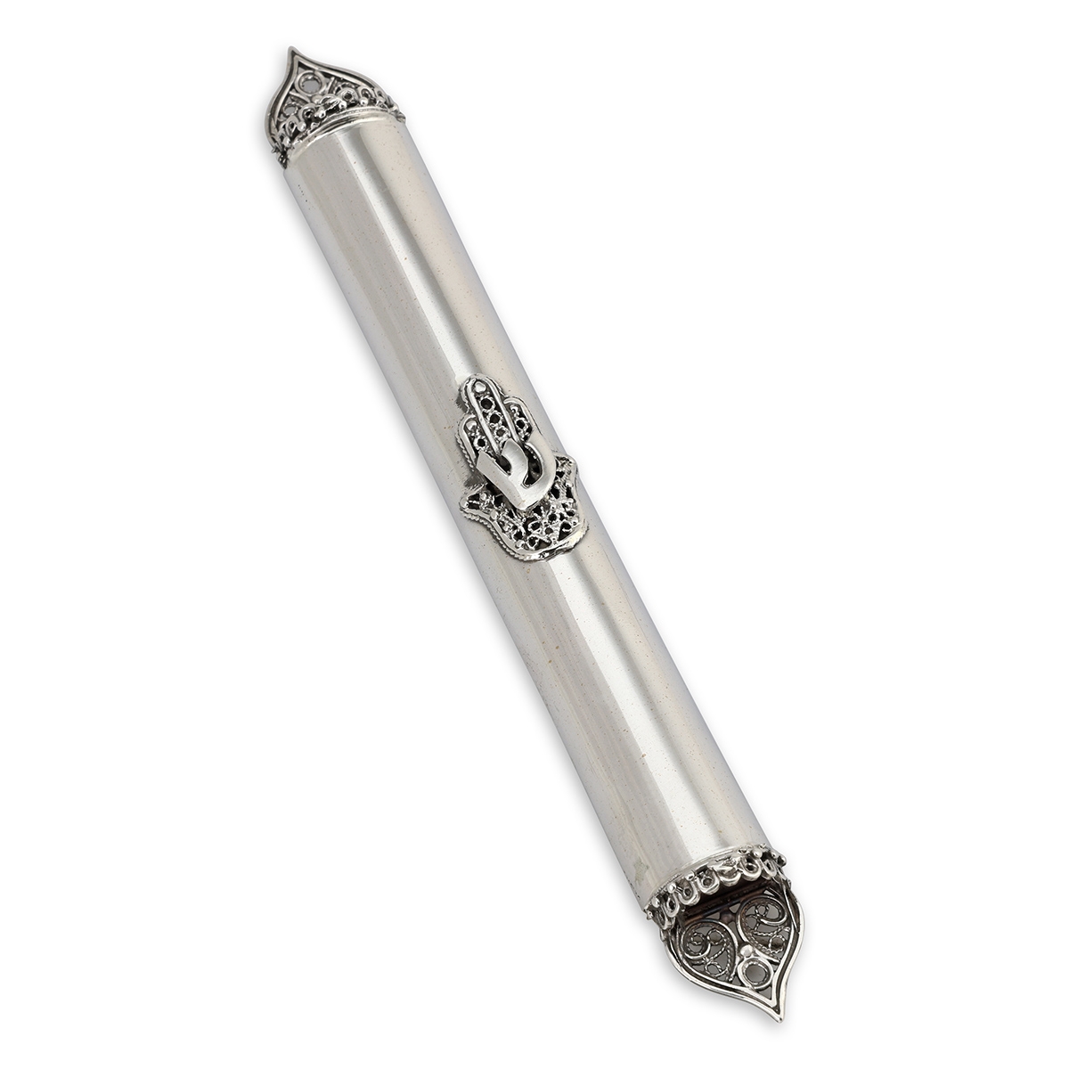Polished Handcrafted Sterling Silver Mezuza Case With Hamsa Design By Traditional Yemenite Art - 1