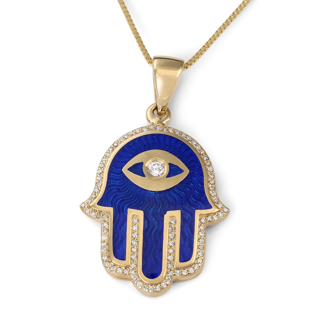 14K Yellow Gold & Blue Enamel Hamsa Pendant Necklace With White Diamonds By Anbinder Jewelry - 1